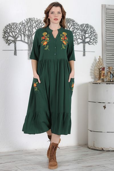 Chiccy Dark Green Dress with Judge Collar - Button, 3/4 Sleeve, Ruffle Hem, Embroidery Detail 134 54