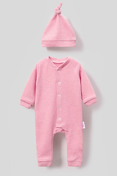 Bubito Pink Baby Romper with Waffle Print and Hat