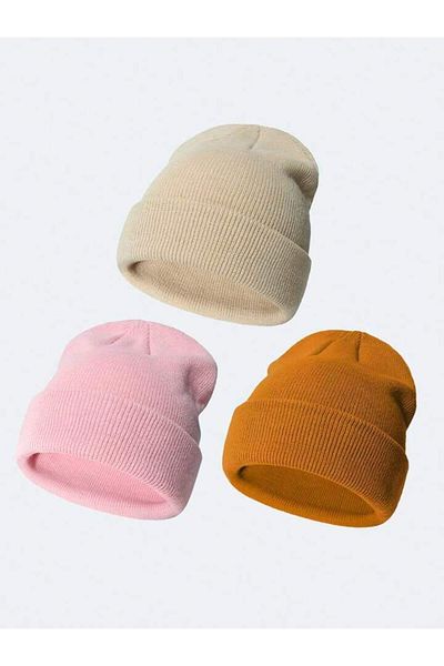 Eke Tekstil Unisex Folded Mustard, Stone and Powder 3-Piece Beanie Set