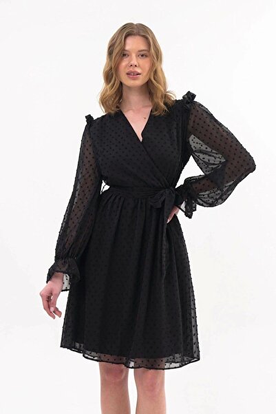 Genel Markalar Apsen Kadın Siyah Kuşak Bağlama Detaylı Kruvaze Yaka Tüllü Elbise 4295-100