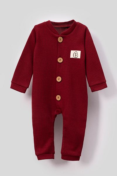 Bubito Waffle Patterned Unisex Baby Romper with Hat - Wooden Button, Red