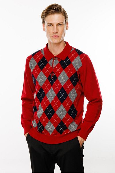Desen Triko Men's Polo Collar Diamond Patterned Wool Sweater Red