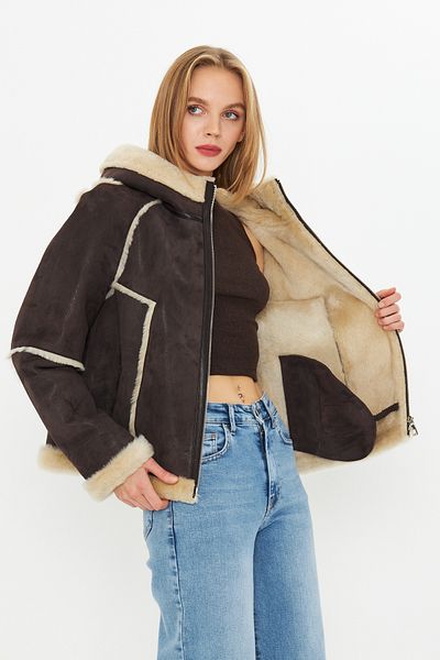 By Marki Marki Genuine Nubuck Leather Hooded Oversize Women's Coat - Fur Inside - Brown 65 cm - 115522