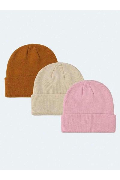 Eke Tekstil Unisex Folded Mustard, Stone and Powder 3-Piece Beanie Set