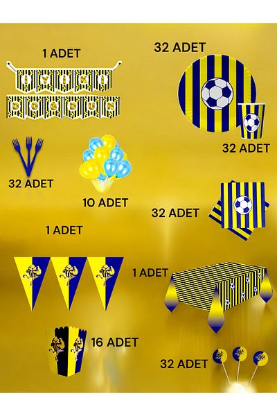VibeHome Ultra-Luxury Set with Dark Blue Yellow Theme for 32 - Birthday Party and Fun Events
