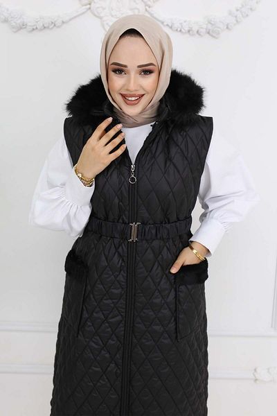 giyze Belted Hooded Quilted Puffer Vest Black 1903