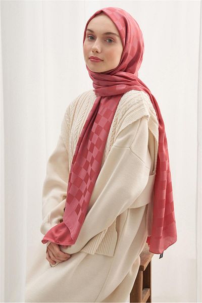 carell Italian Silk Checkers Jacquard Coral Shawl
