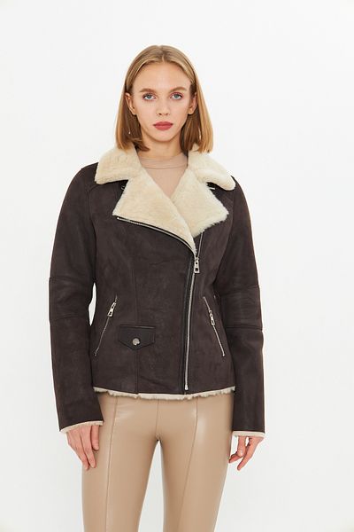 By Marki Marki Genuine Nubuck Leather Women's Jacket - Sheepskin Inside - Fit Cut Brown 63 cm - 112122