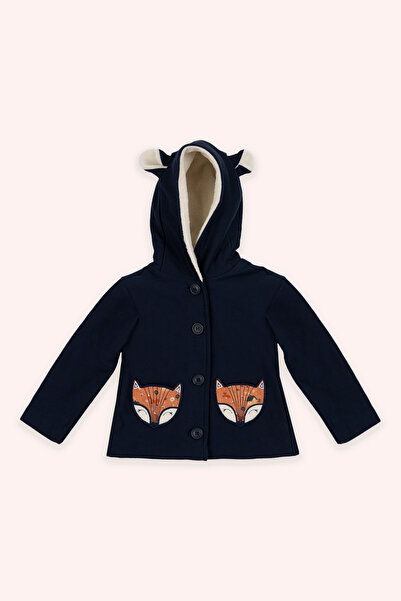 Panço Baby Girl Embroidery Detailed Hooded Navy Blue Jacket