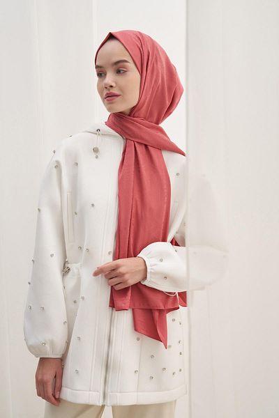 carell Coral Colored Antique Patterned Cotton Silk Shawl