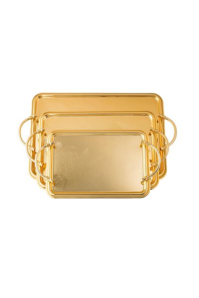 Dania 3 Pieces Gold Decorated Rectangular Metal Lotus Flower Tray Set