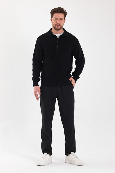odelon Men's Regular Fit Cotton Polo Neck Buttoned Black Knitwear Sweater
