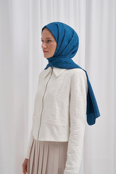 carell Petrol Blue Diamond Patterned Cotton Silk Shawl