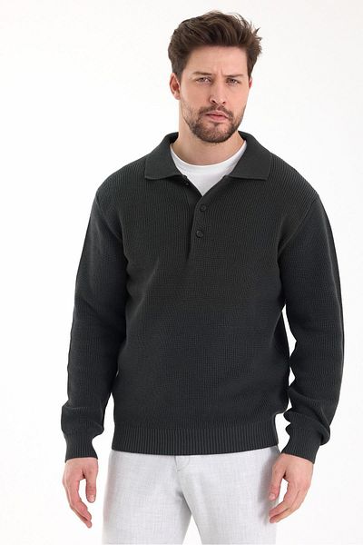 odelon Men's Regular Fit Cotton Polo Neck Buttoned Khaki Knitwear Sweater