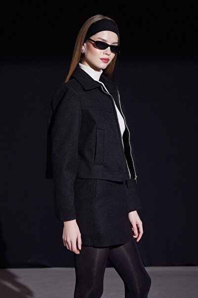 Never more Önü Katlı Kaşe Etek Siyah