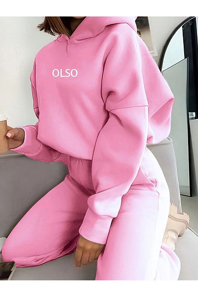 Know Γυναικεία φόρμα φόρμας με 3 κλωστές ροζ Olso με στάμπα με κουκούλα στο κάτω μέρος
