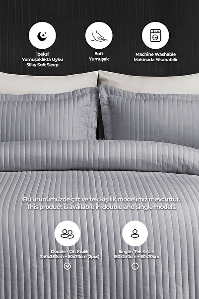 Evlen Home Collection Judy Pamuklu Yatak Örtüsü ( Pike ) Takımı Çift Kişilik Çizgili Günlük Sade Düz Gri
