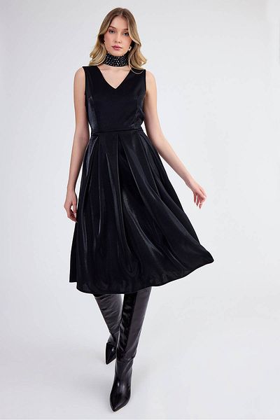 Vitrin V-Neck Pleated Shiny Fabric Dress with Belted Waist