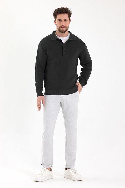 odelon Men's Regular Fit Cotton Polo Neck Buttoned Khaki Knitwear Sweater