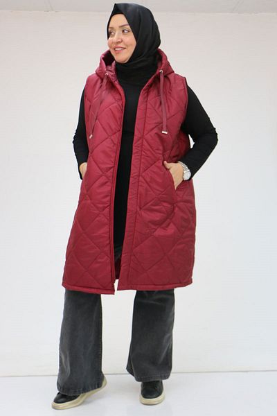 Eslina 44003 Plus Size Zippered Hooded Quilted Vest - Claret Red