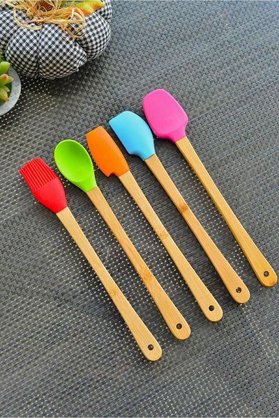 Karçiçeği Home Colorful and Practical 5-Piece Long Bamboo Spatula Set