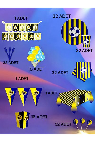 VibeHome Ultra-Luxury Set with Dark Blue Yellow Theme for 32 - Birthday Party and Fun Events