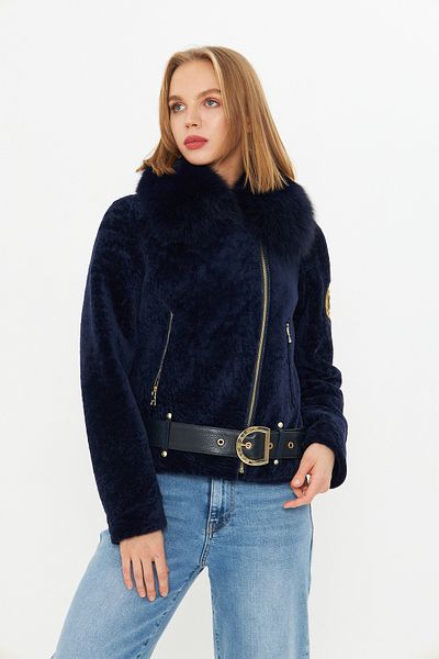By Marki Marki Women's Navy Blue Leather Jacket - Furry, Belted Design, Astragan - 111822
