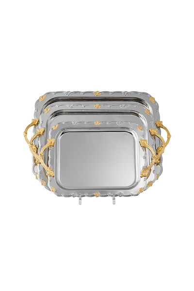 Dania Prestige Rectangular Metal Tray Set, Nickel and Gold Decorated, 3 Pieces