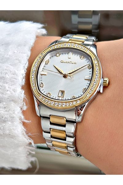 Quantum Special Design Silver-Gold Color 5 Atm Waterproof Steel Band Women's Wristwatch