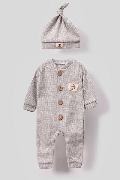 Bubito Unisex Waffle Print Stylish Baby Romper with Wooden Buttons - Gray