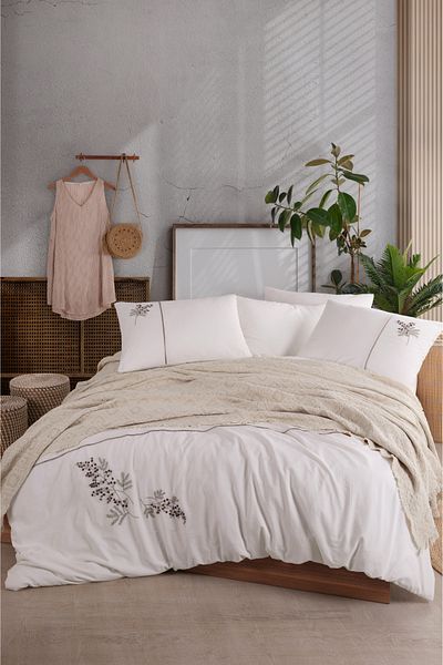 Unica Amber Hand Embroidered Pique Duvet Cover Set Beige - 7 Pieces