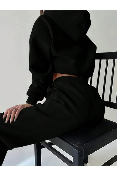 Know Women's 3 Thread Black Olso Printed Hooded Bottom Top Tracksuit Set