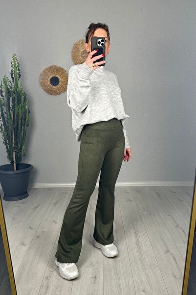 lady special Kadın Yüksek Bel İspanyol Paça Likralı Süet Tayt Haki