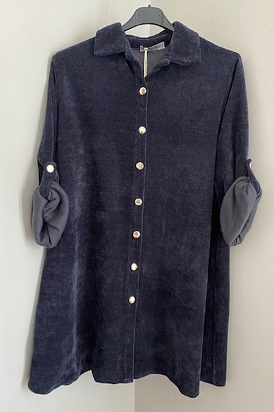 AYASOFYA OTANTIK Women's Italian Navy Blue Button Closure Loose Overseize Foldable Long Sleeve Velvet Tunic Dress