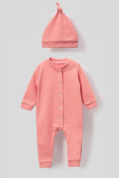 Bubito Corded Combed Cotton Baby Jumpsuit with Stylish Hat-Salmon