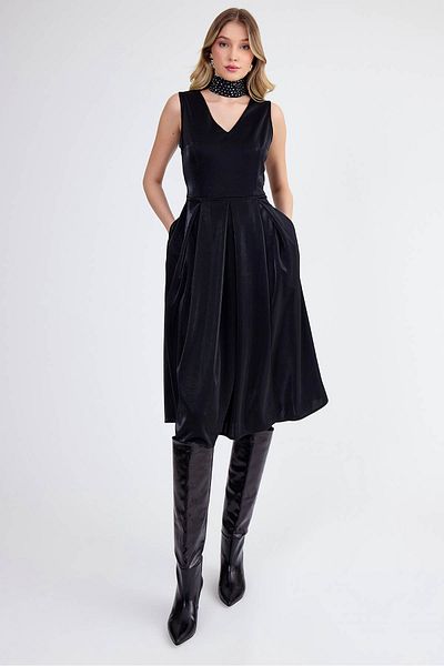 Vitrin V-Neck Pleated Shiny Fabric Dress with Belted Waist