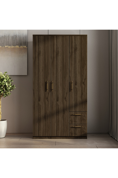 İNARCH DİZAYN Merlin 3 Kapaklı, Çekmeceli, Raflı Gardırop, Yatak Odası Dolap, Elbise Dolabı İstanbul Ceviz