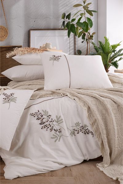 Unica Amber Hand Embroidered Pique Duvet Cover Set Beige - 7 Pieces