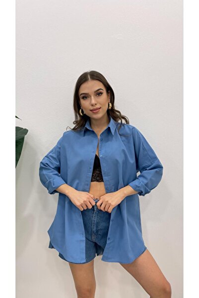 MODA قميص نسائي طويل أساسي باللون النيلي