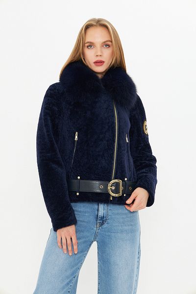 By Marki Marki Women's Navy Blue Leather Jacket - Furry, Belted Design, Astragan - 111822