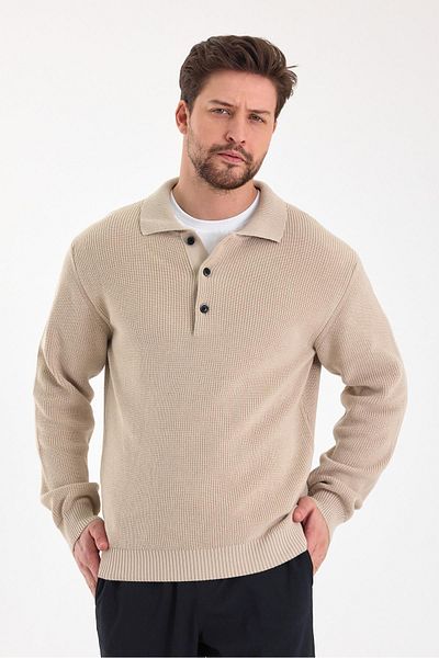 odelon Men's Regular Fit Cotton Polo Neck Buttoned Stone Knitwear Sweater