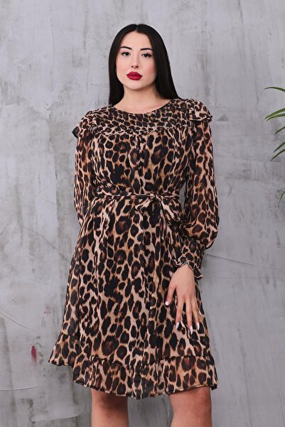 ZEYWEAR Pileli Leopar Şifon Elbise