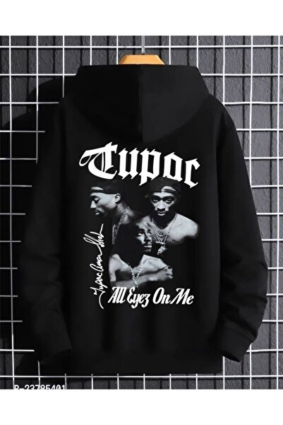 trend of city Tupac Baskılı Hoodie Unisex Siyah Bol Kesim Sweatshirt