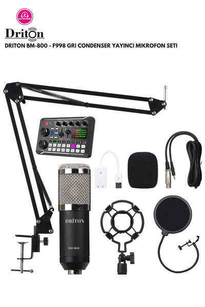 DRİTON BM-800 + F998 GRİ PODCAST TİKTOK YOUTUBE YAYINCI CONDENSER MİKROFON VE SES KART SET