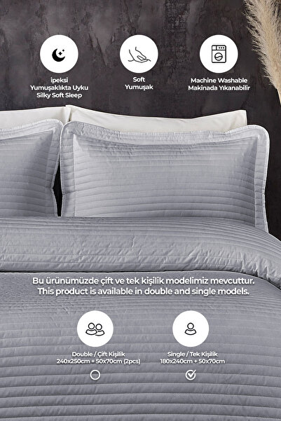 Evlen Home Collection %100 Pamuk Tek Kişilik Kapitone Yatak Örtüsü ( Pike ) Takımı Judy Elyaf Dolgulu Çizgili Gri