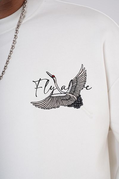 king brich Crew Neck Stork Printed Sweatshirt with Embroidery Detail