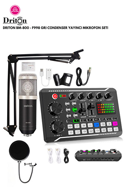 DRİTON BM-800 + F998 GRİ PODCAST TİKTOK YOUTUBE YAYINCI CONDENSER MİKROFON VE SES KART SET