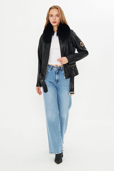 By Marki Marki Genuine Leather Women's Jacket - Special Fur Collar with Belt - Black 63 Cm- 115922