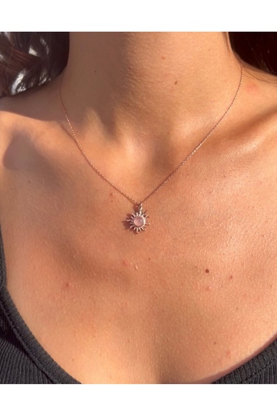 Venüs Doğal Taş Pembe Kuvars Minimal Güneş Rose Gold Kolye