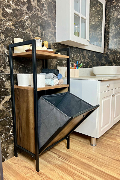 Mudesa Kirli Çamaşır Sepeti Metal Ahşap Banyo Düzenleyici Kirli Sepeti Banyo Dolabı Organizer Banyo Rafı